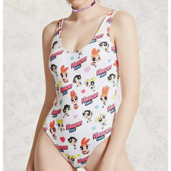 PowerPuff Girls White One Piece Swimsuit SMALL High Cut Cartoon Network Rare - Picture 1 of 6